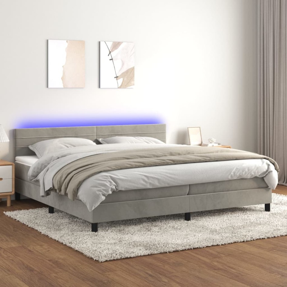 Cama box spring colchón y LED terciopelo gris claro 200x200