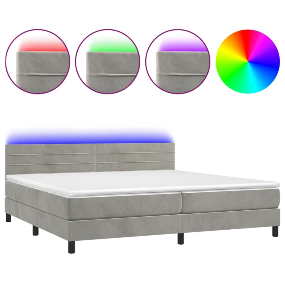 Cama box spring colchón y LED terciopelo gris claro 200x200