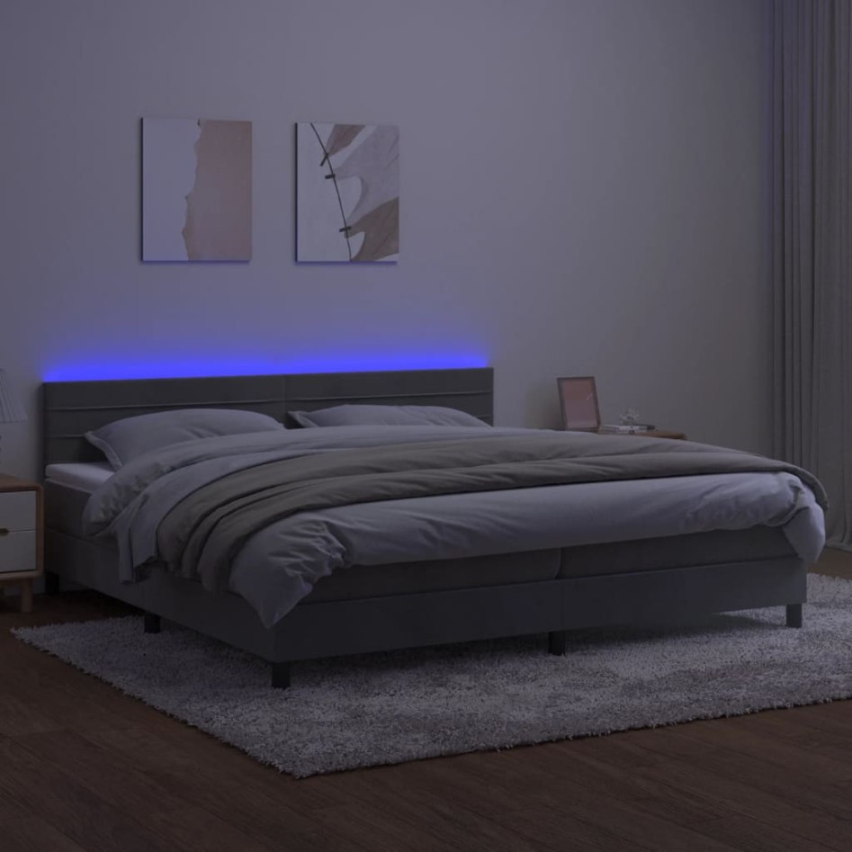 Cama box spring colchón y LED terciopelo gris claro 200x200