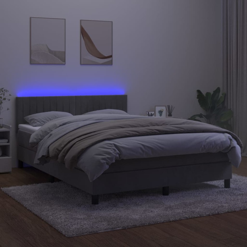 Cama box spring colchón y LED terciopelo gris claro 140x200