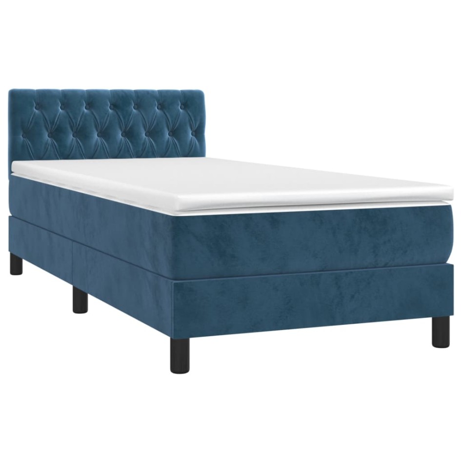 Cama box spring colchón y LED terciopelo azul oscuro 90x190