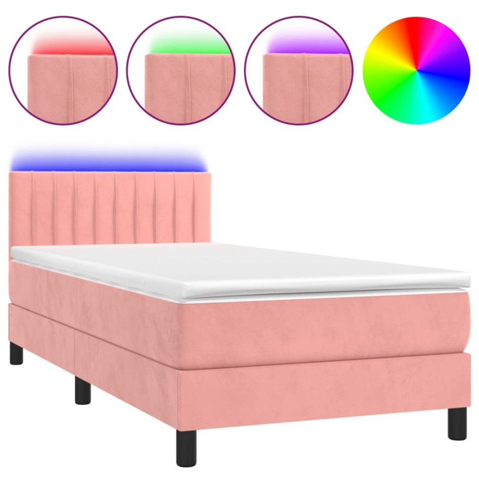 Cama box spring colchón y LED terciopelo rosa 90x200