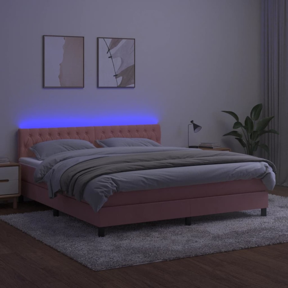 Cama box spring colchón y LED terciopelo rosa 180x200