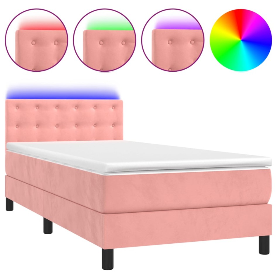 Cama box spring colchón y LED terciopelo rosa 80x200