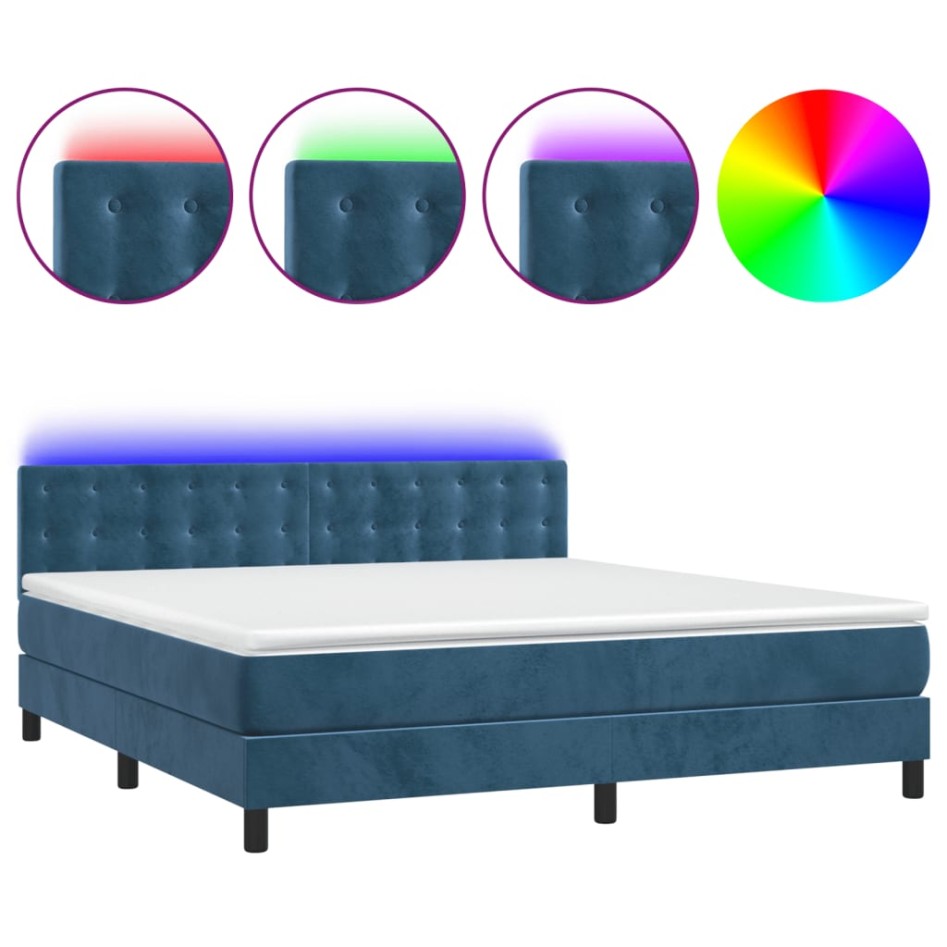 Cama box spring colchón y LED terciopelo azul oscuro 180x200