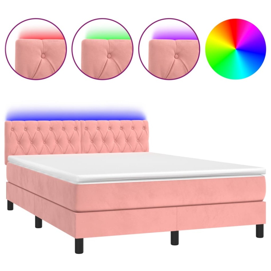 Cama box spring colchón y LED terciopelo rosa 140x190