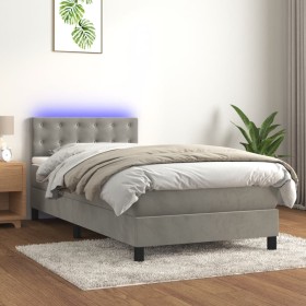 Cama box spring colchón y LED terciopelo gris claro 90x200