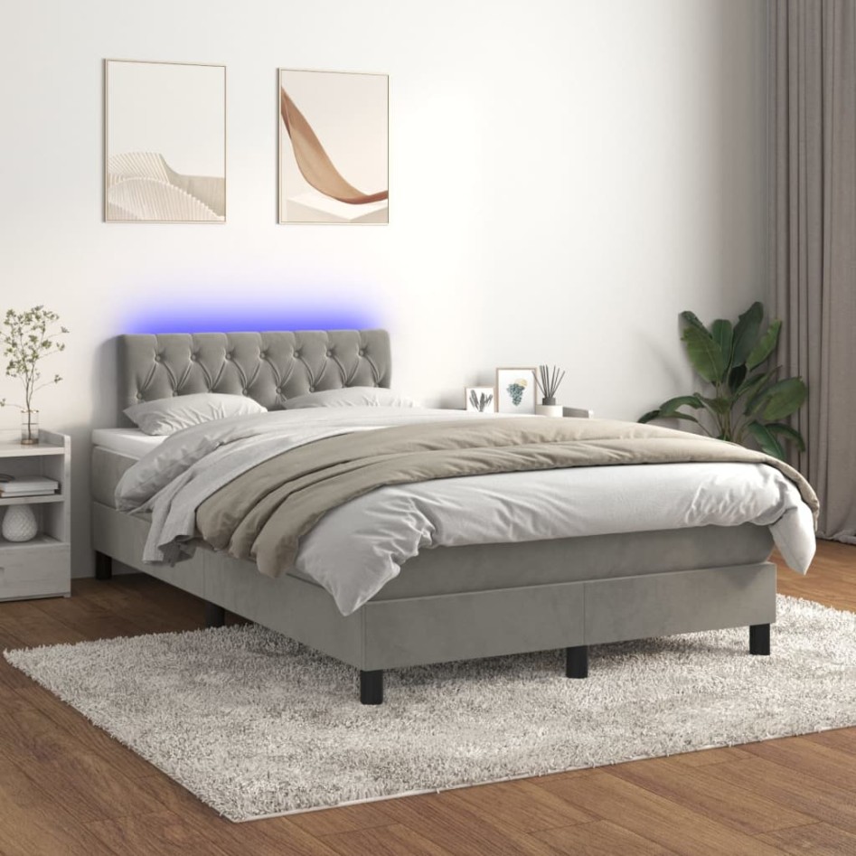 Cama box spring colchón y LED terciopelo gris claro 120x200