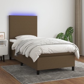 Cama box spring colchón luces LED tela marrón oscuro