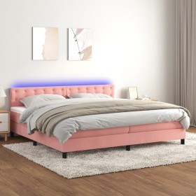 Cama box spring colchón y LED terciopelo rosa 200x200