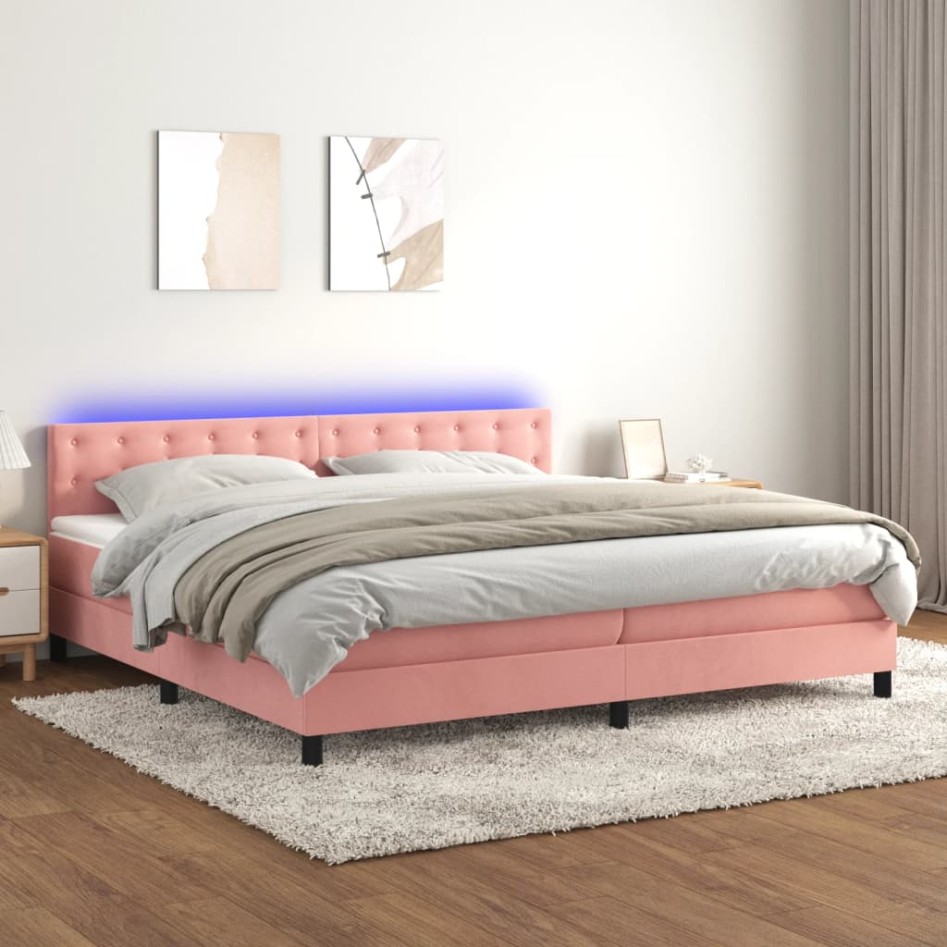 Cama box spring colchón y LED terciopelo rosa 200x200
