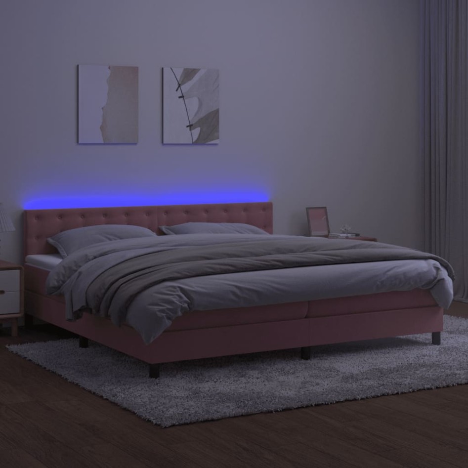 Cama box spring colchón y LED terciopelo rosa 200x200