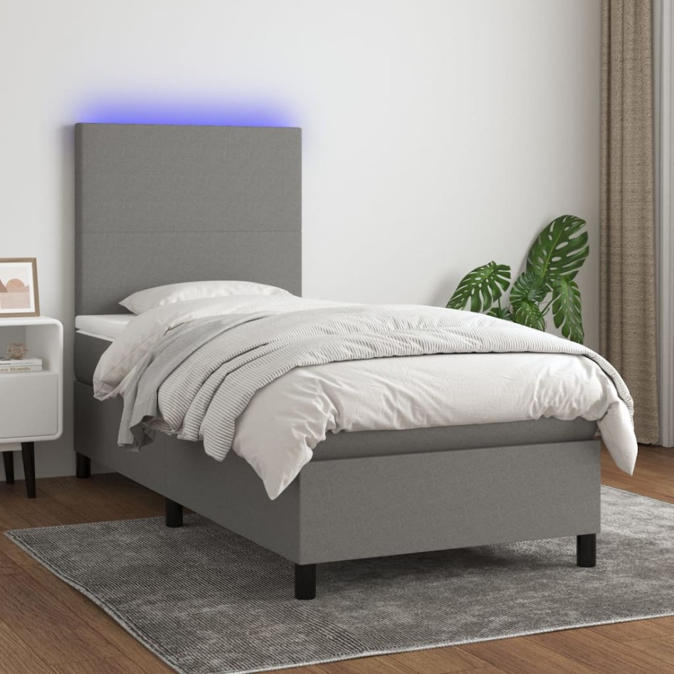 Cama box spring colchón y luces LED tela gris oscuro 100x200