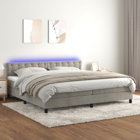 Cama box spring colchón y LED terciopelo gris claro 200x200