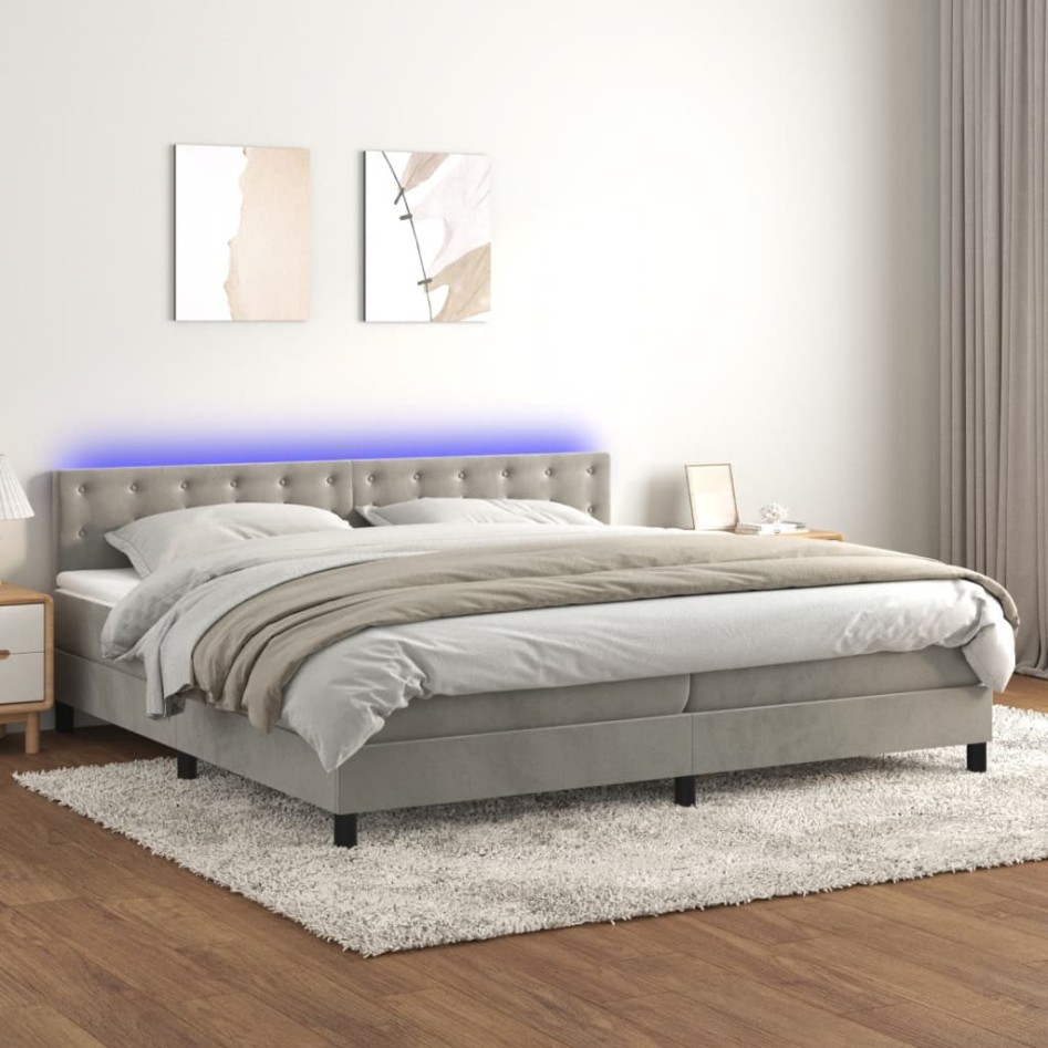 Cama box spring colchón y LED terciopelo gris claro 200x200