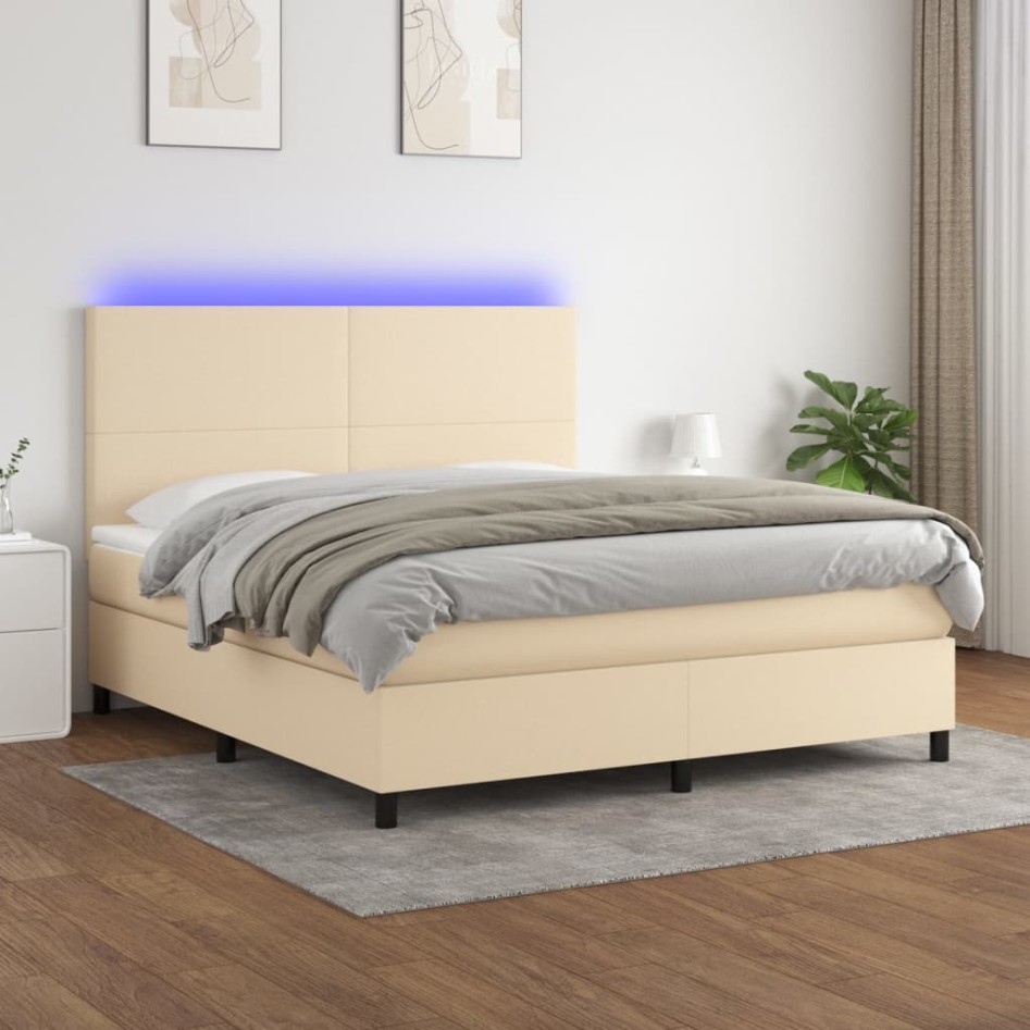Cama box spring colchón y luces LED tela crema 160x200