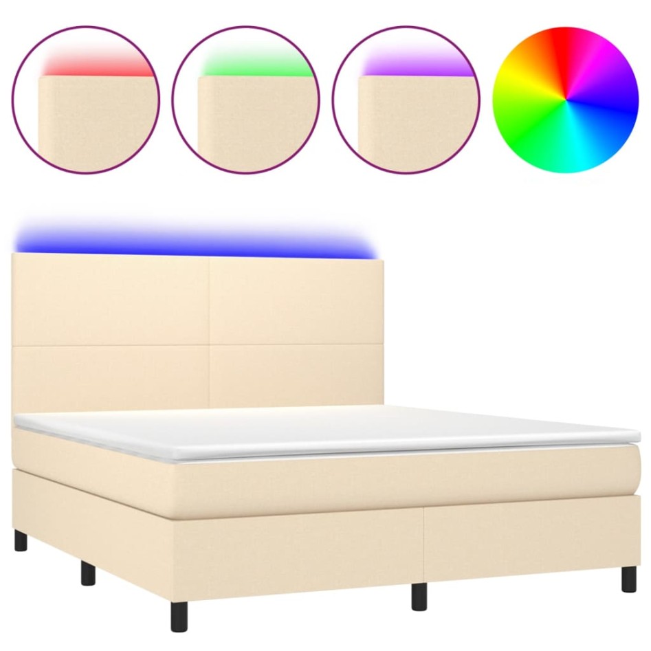 Cama box spring colchón y luces LED tela crema 160x200