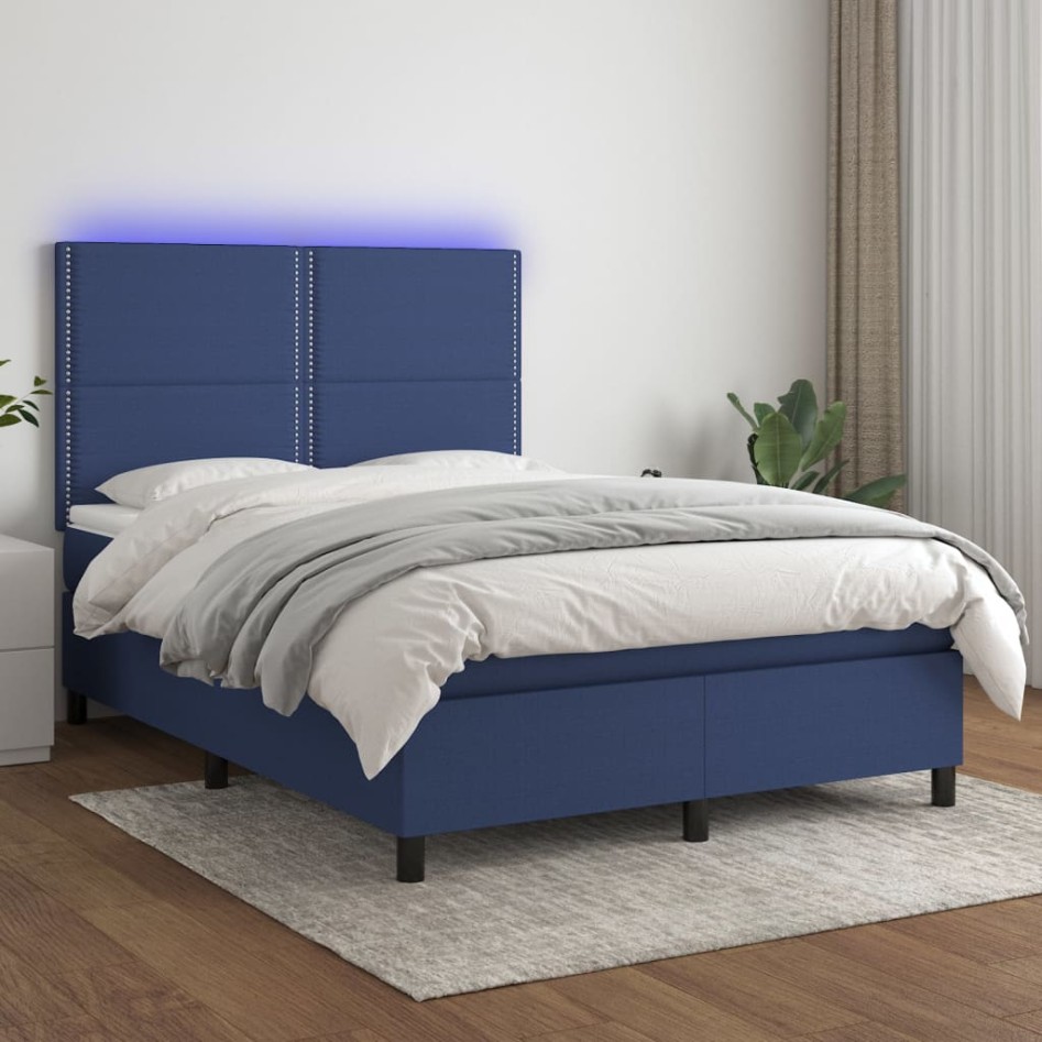 Cama box spring colchón y luces LED tela azul 140x200