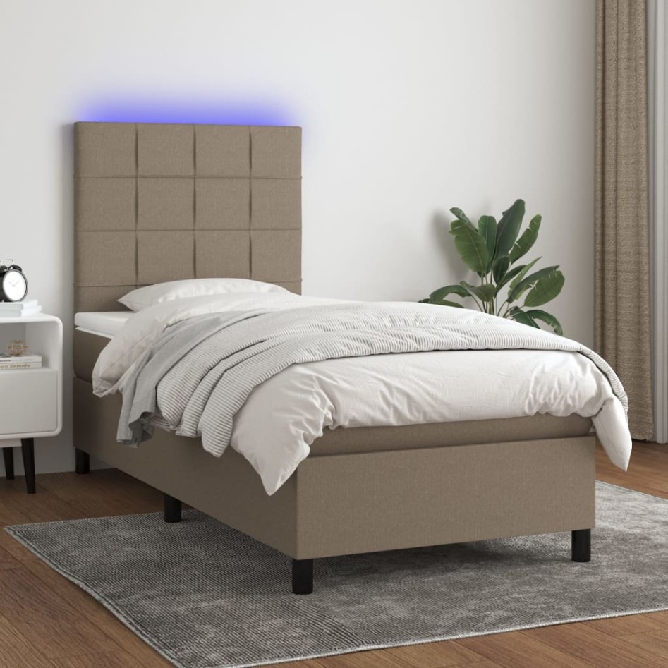 Cama box spring colchón y luces LED tela gris taupe 90x190