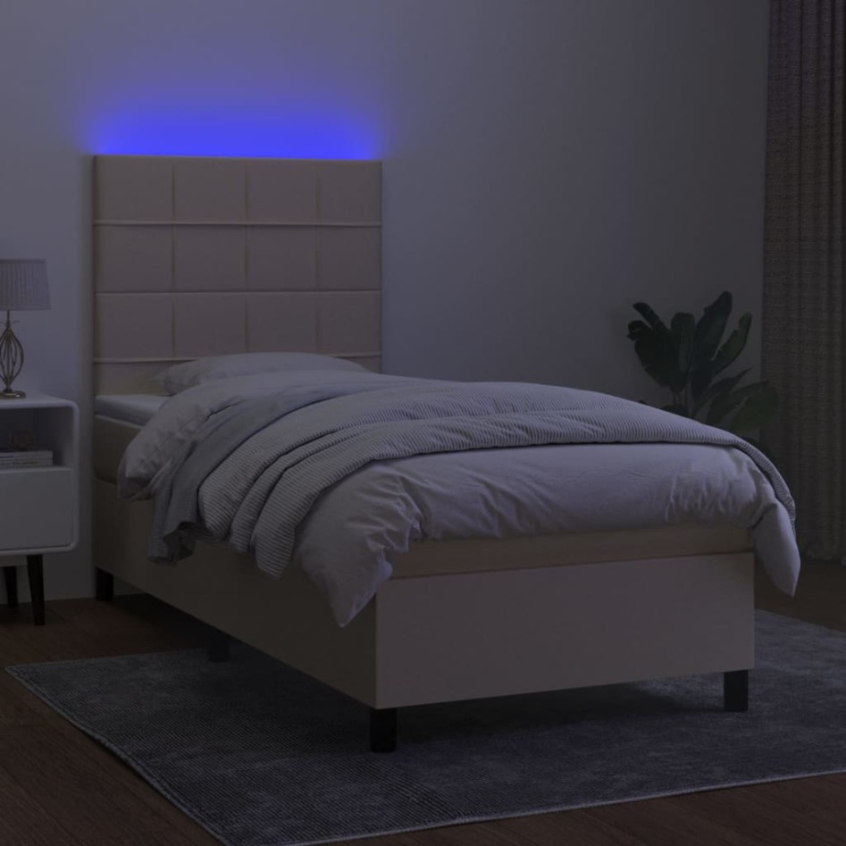 Cama box spring colchón y luces LED tela crema 80x200