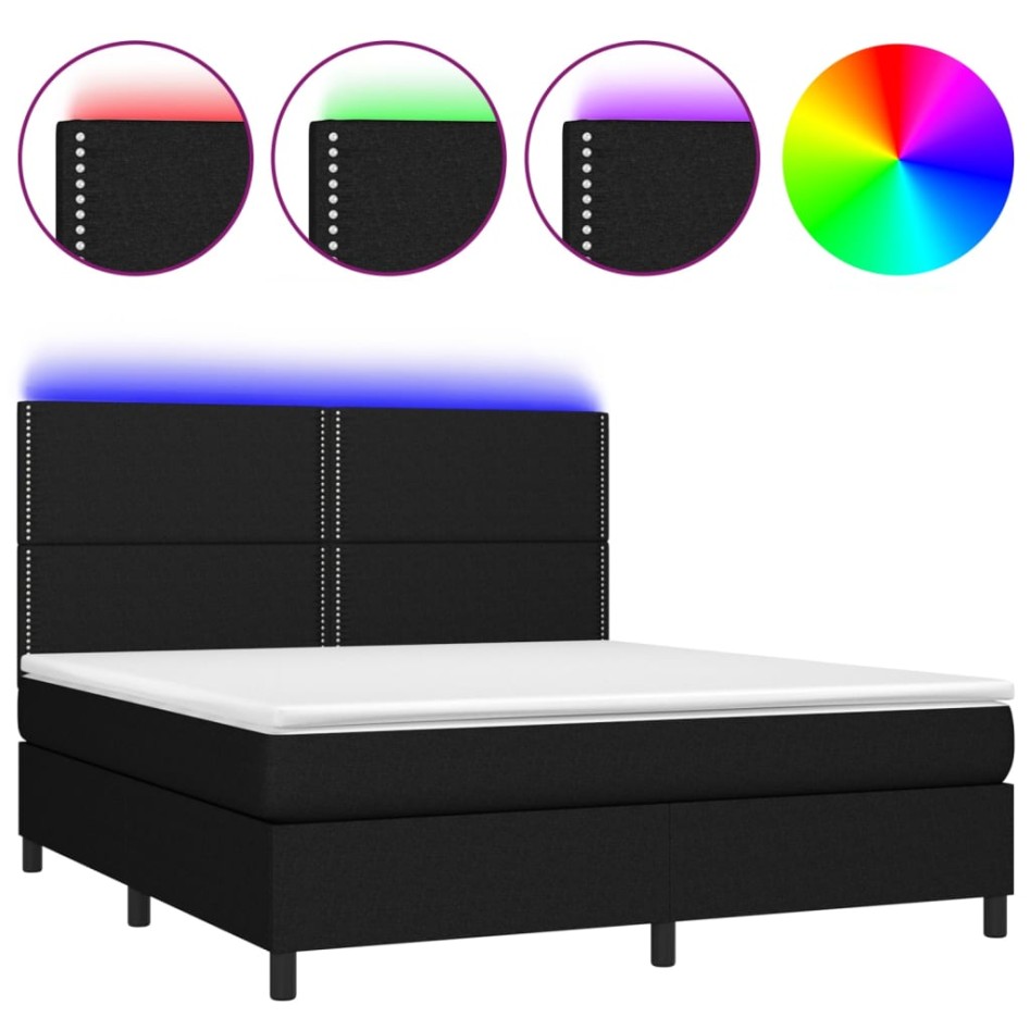 Cama box spring colchón y luces LED tela negro 180x200