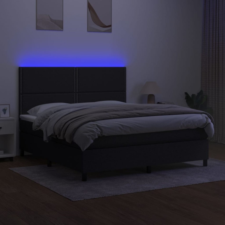 Cama box spring colchón y luces LED tela negro 180x200
