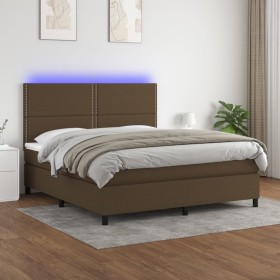 Cama box spring colchón luces LED tela marrón oscuro