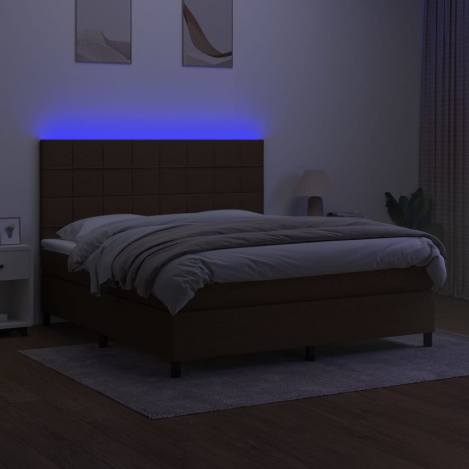Cama box spring colchón luces LED tela marrón oscuro