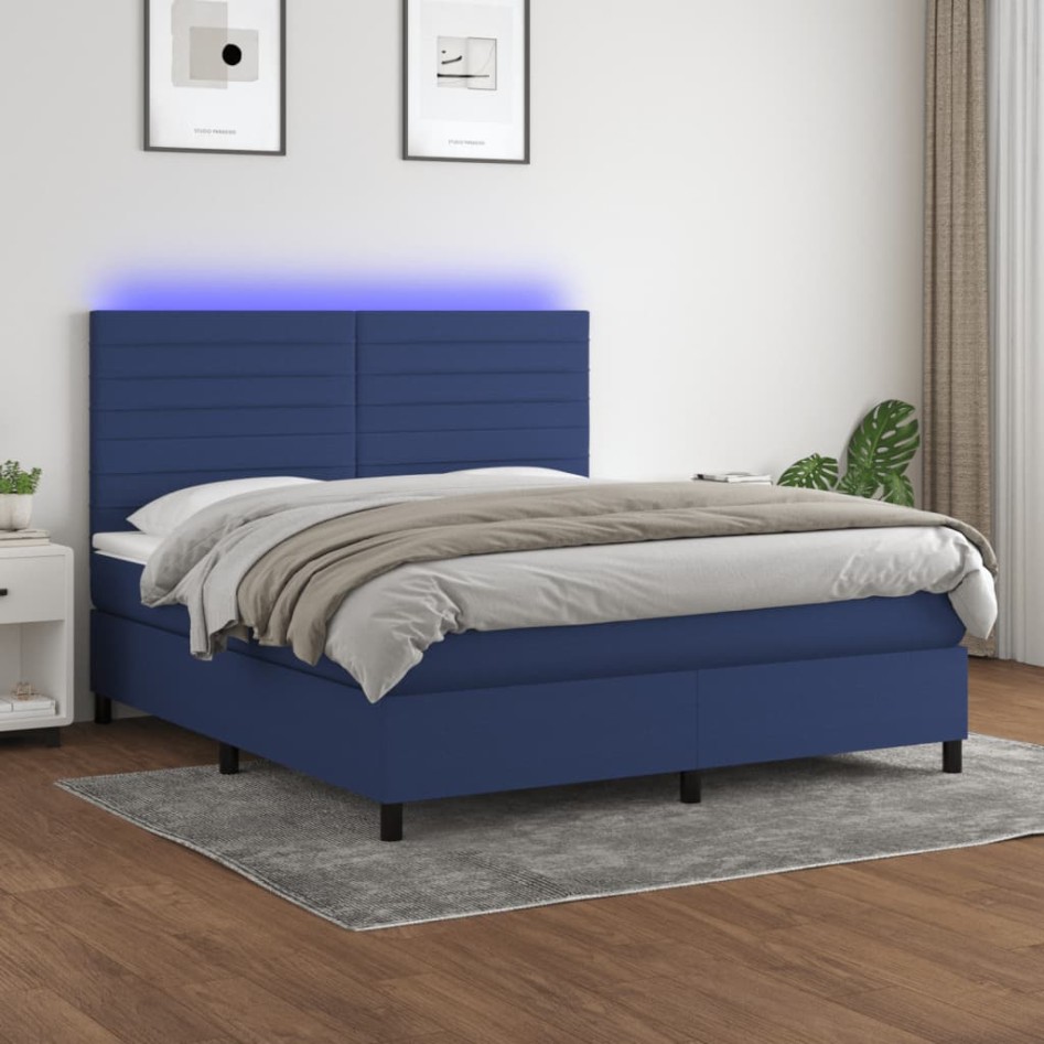 Cama box spring colchón y luces LED tela azul 160x200