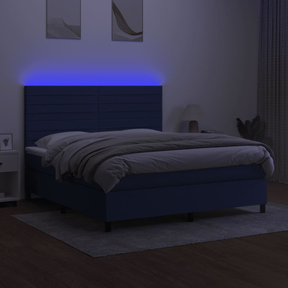 Cama box spring colchón y luces LED tela azul 160x200