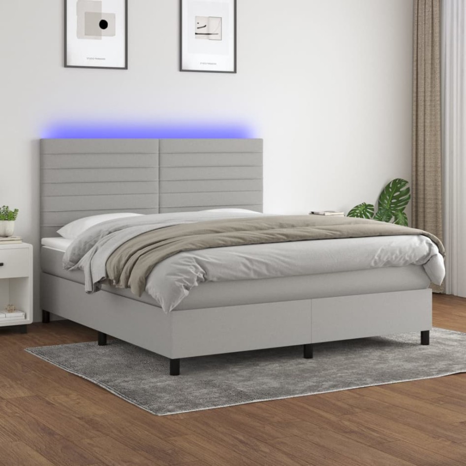 Cama box spring colchón y luces LED tela gris claro 160x200