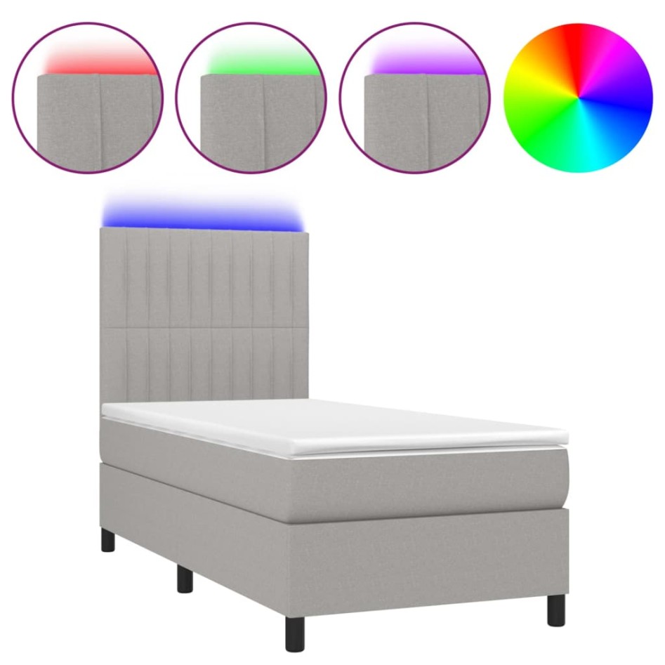 Cama box spring colchón y luces LED tela gris claro 100x200