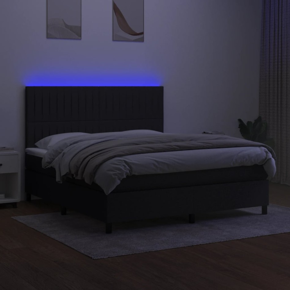Cama box spring colchón y luces LED tela negro 160x200