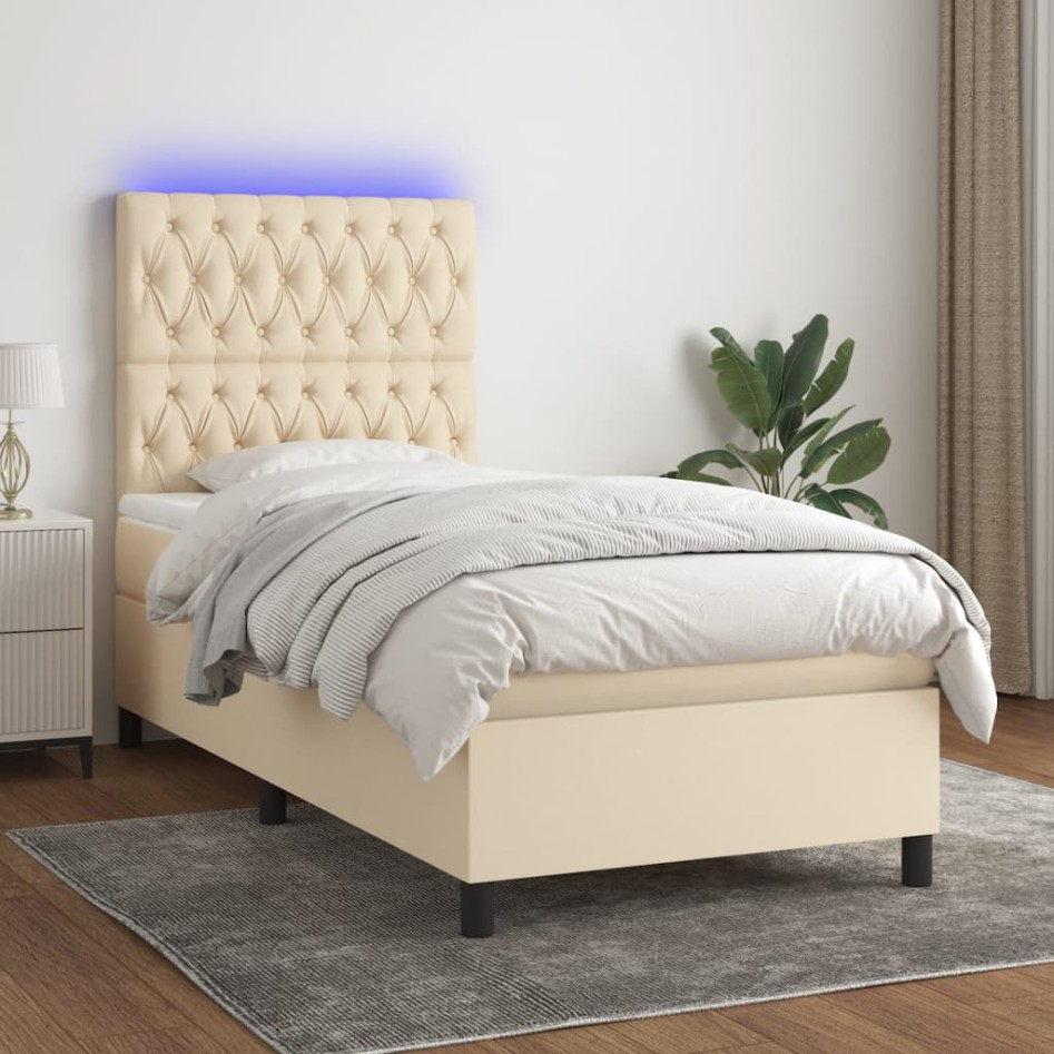 Cama box spring colchón y luces LED tela crema 100x200