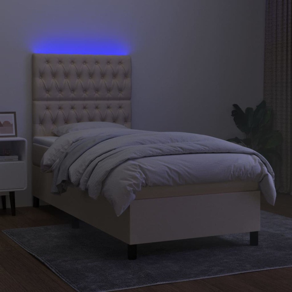 Cama box spring colchón y luces LED tela crema 100x200