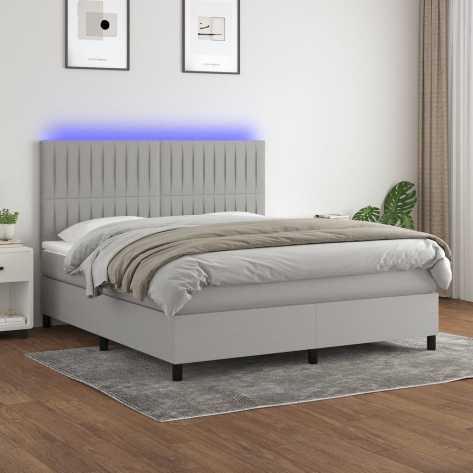 Cama box spring colchón y luces LED tela gris claro 180x200