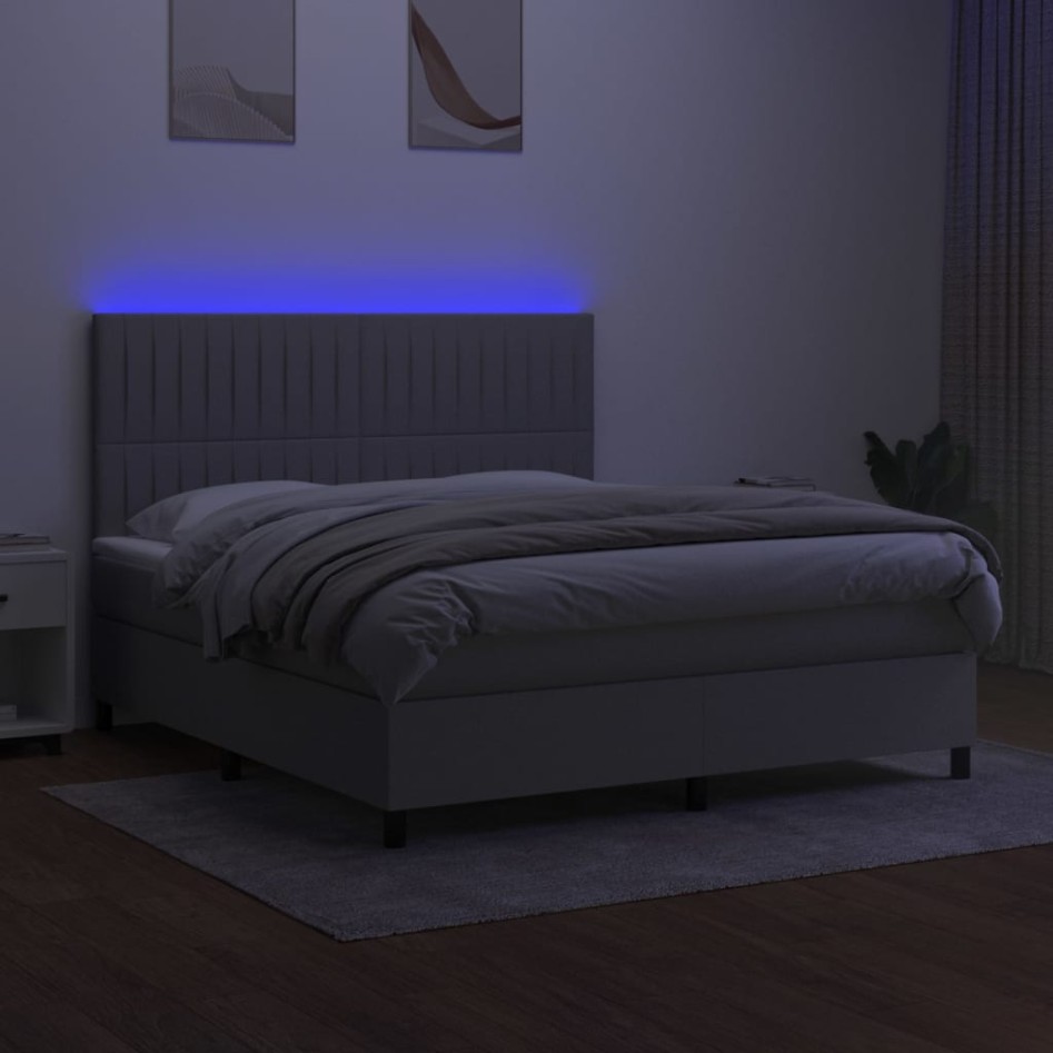 Cama box spring colchón y luces LED tela gris claro 180x200