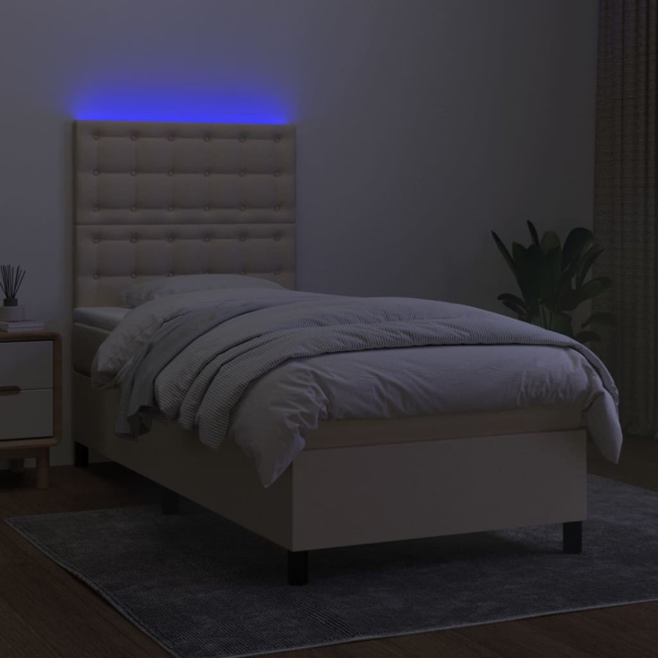 Cama box spring colchón y luces LED tela crema 80x200