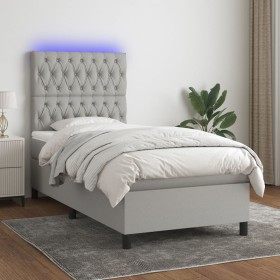 Cama box spring colchón y luces LED tela gris claro 90x200