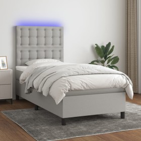 Cama box spring colchón y luces LED tela gris claro 80x200