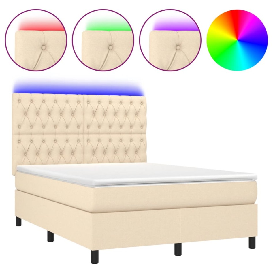 Cama box spring colchón y luces LED tela crema 140x190