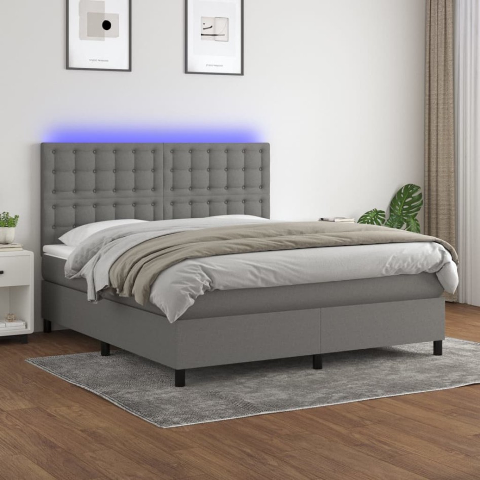 Cama box spring colchón y luces LED tela gris oscuro 160x200