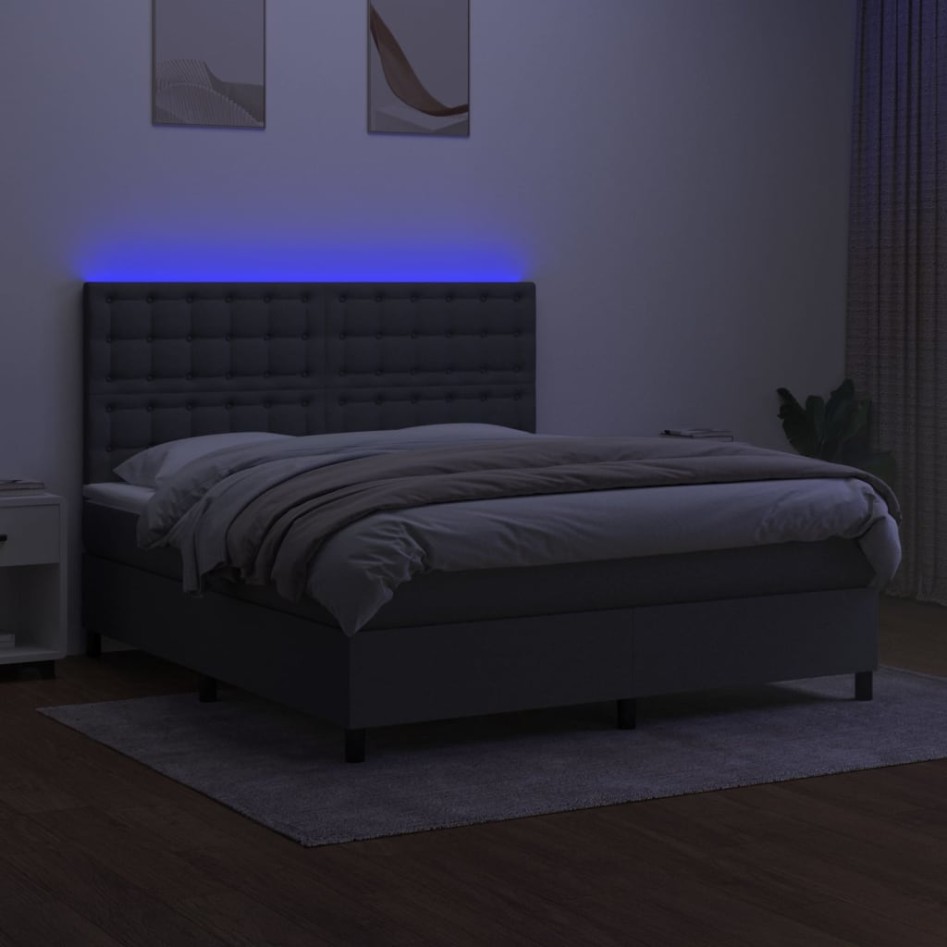 Cama box spring colchón y luces LED tela gris oscuro 160x200
