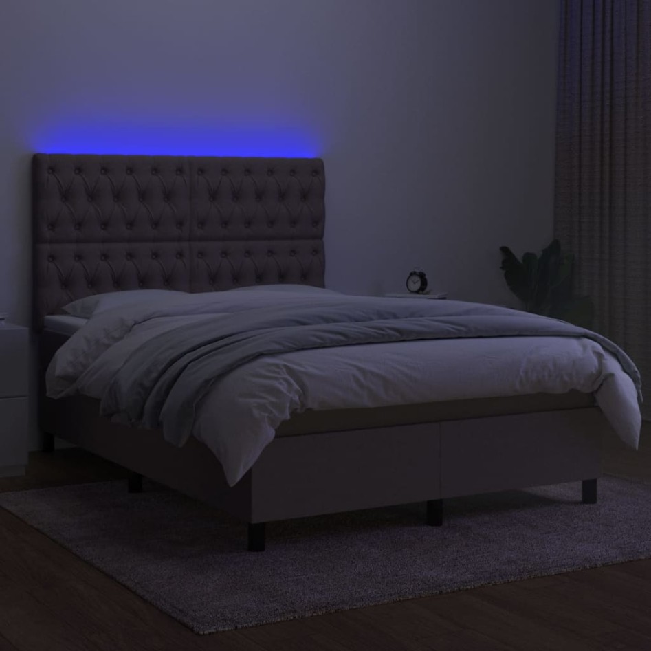 Cama box spring colchón y luces LED tela gris taupe 140x200