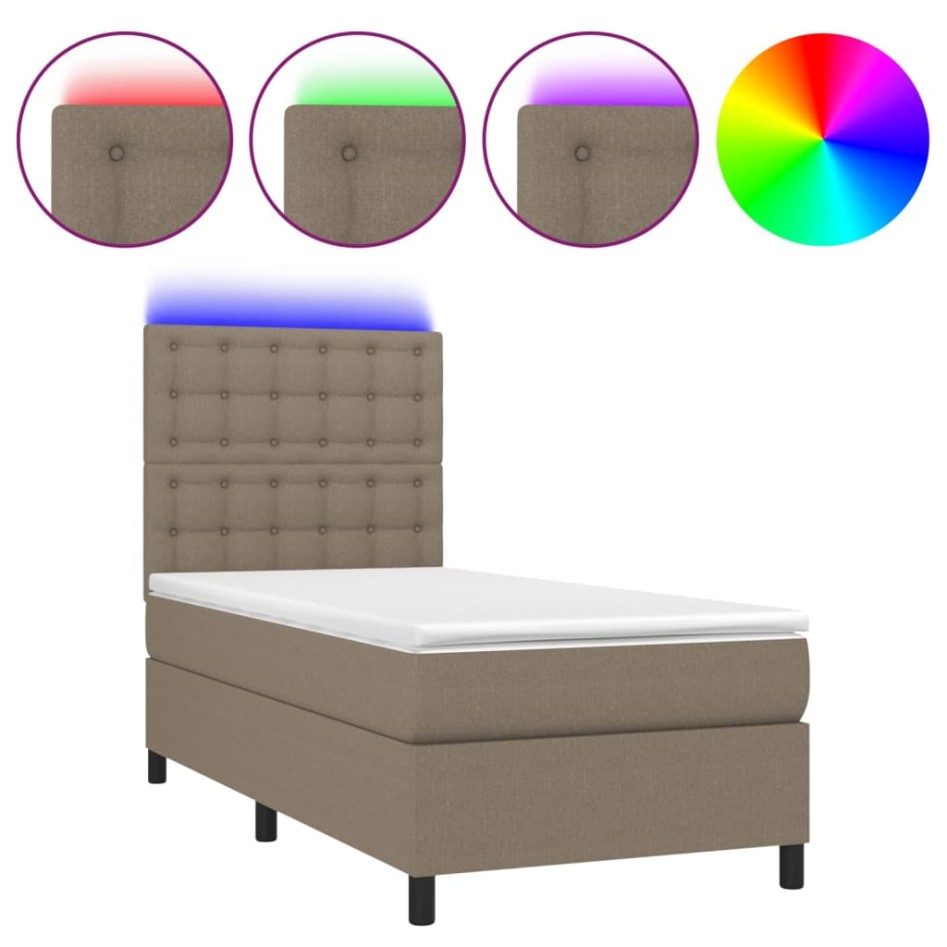 Cama box spring colchón y luces LED tela gris taupe 100x200