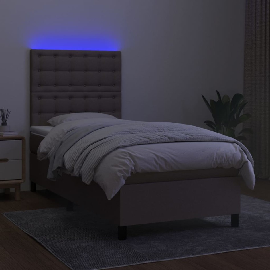 Cama box spring colchón y luces LED tela gris taupe 100x200