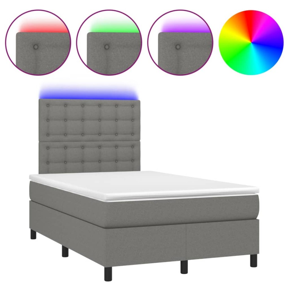 Cama box spring con colchón y LED tela gris oscuro 120x200