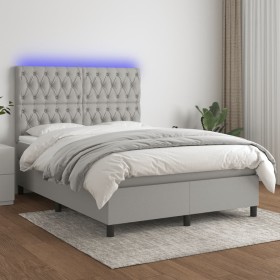 Cama box spring colchón y luces LED tela gris claro 140x190