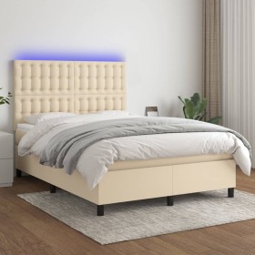Cama box spring colchón y luces LED tela crema 140x190