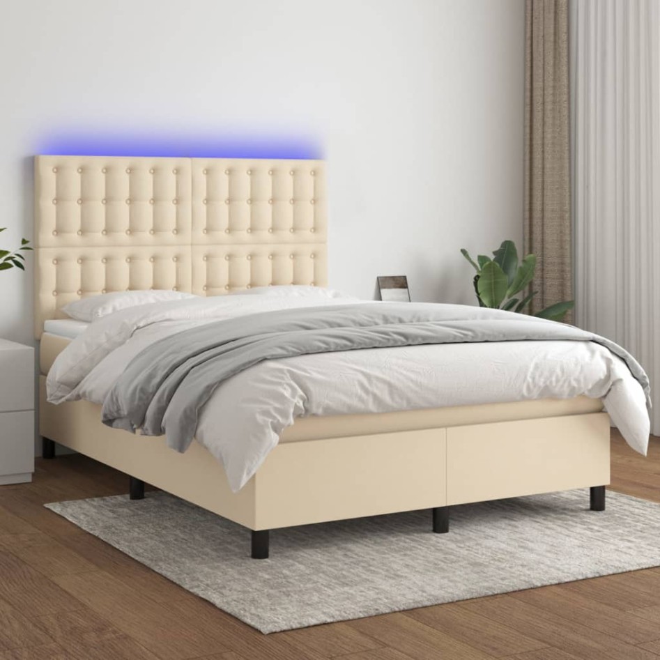 Cama box spring colchón y luces LED tela crema 140x190